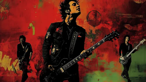 Electric rock guitarist dominates grunge red abstract stage