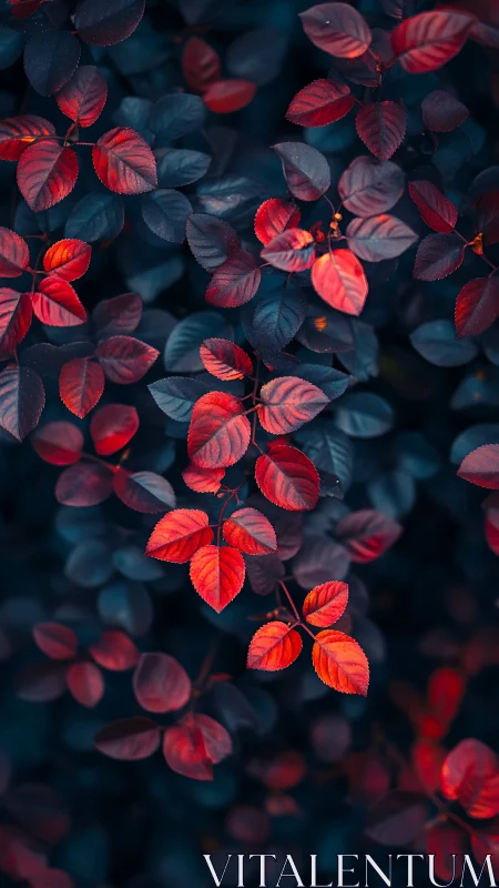 Crimson leaves glow against deep teal foliage background
