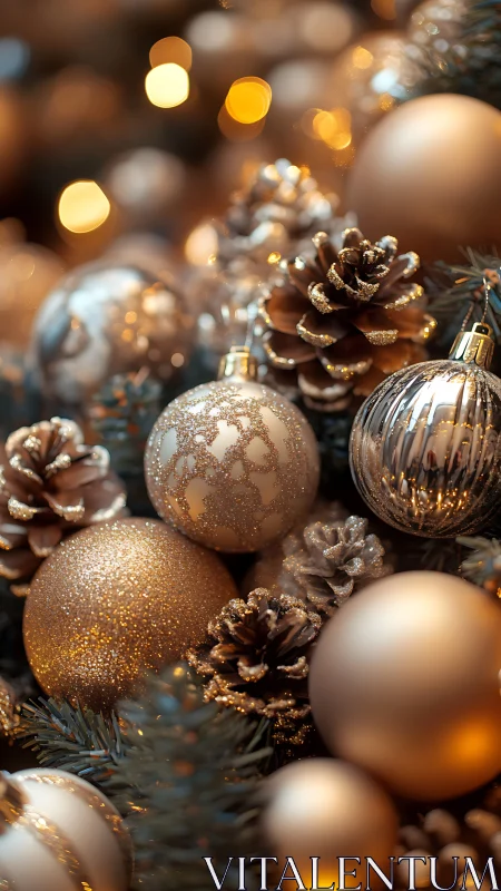 Gold and bronze Christmas baubles with pine cones closeup.