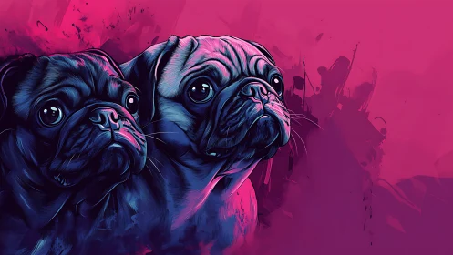 Two stylized pug portraits appear against vivid magenta background