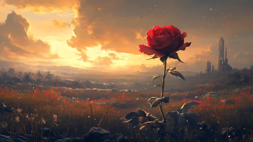 Solitary crimson rose rises over a glowing fantasy horizon.