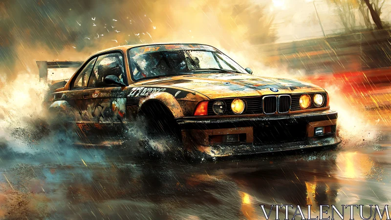 Drift car tears through rain-soaked track in golden light.