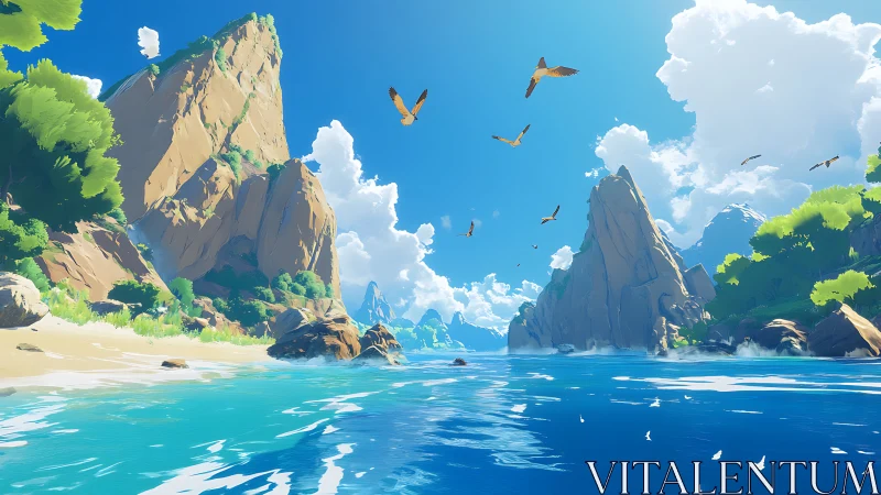 Dramatic Coastal Vista with Towering Rock Formations and Turquoise Waters.