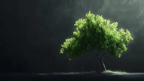Lush Green Tree Illuminated Against Dark Dramatic Background.