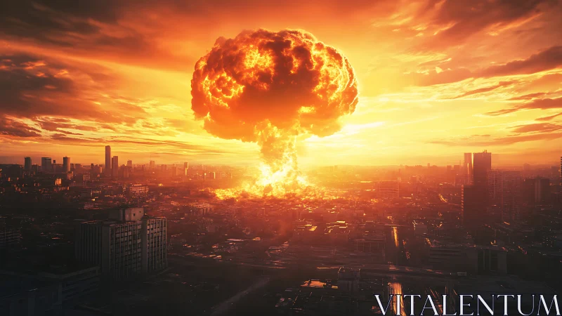 Nuclear fireball dominates devastated cityscape at sunset