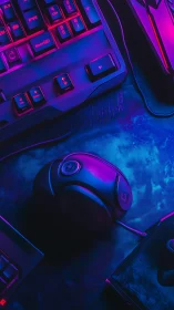 Neon Gaming Setup with Vibrant Purple and Blue Lighting.