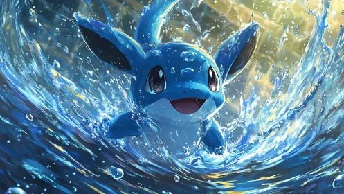 Playful blue creature leaping through luminous water vortex.