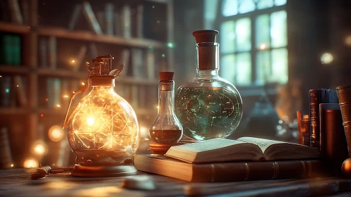 Spellbound alchemy desk glowing with bottled constellations.
