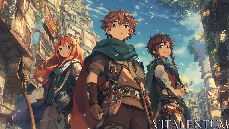 Young fantasy adventurers stand ready in a sunlit city street