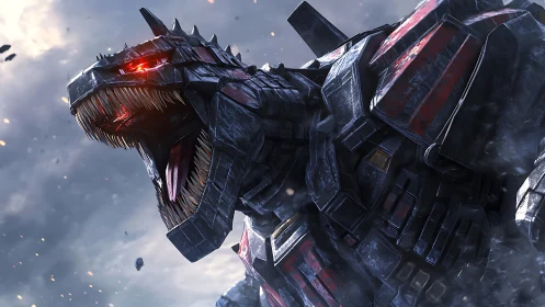 Armored mechanical dragon roars amid storming battlefield