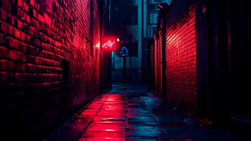Neon lit urban alley with wet pavement at night.