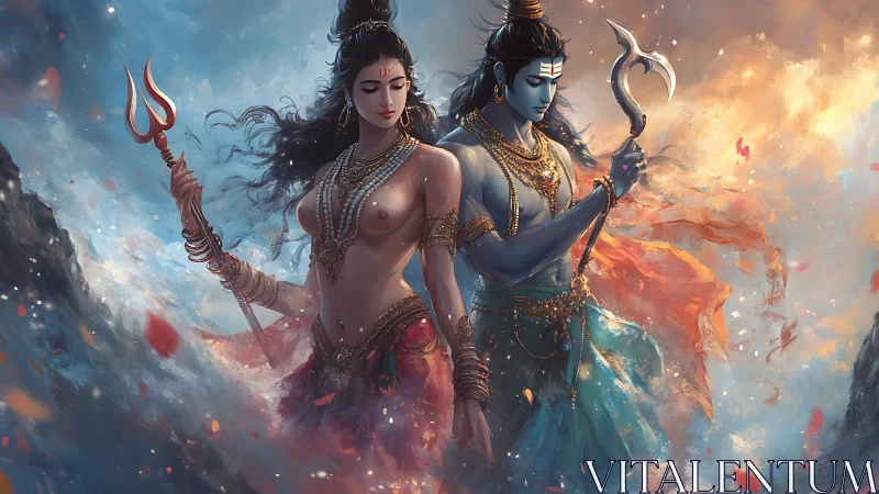 Sacred divine couple walks through swirling light and mist