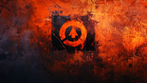 Industrial arrow emblem on scorched textured orange wall.