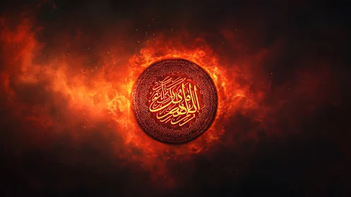 Fiery Arabic calligraphy medallion radiates in cosmic darkness.
