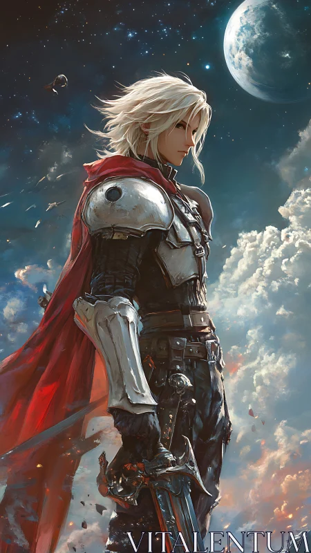 Starborn knight stands vigilant beneath a luminous planet