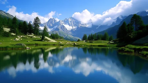 Mirror-still alpine lake quietly cradles cloud crowned peaks