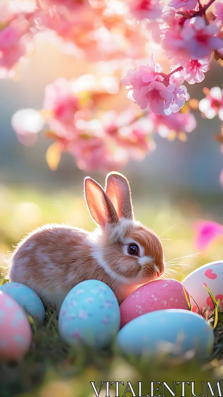Brown rabbit rests among painted eggs under pink blossoms