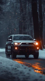 Toyota SUV with headlights on in snowy forest road.