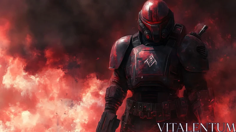 Armored sci-fi soldier advances through burning red smoke.
