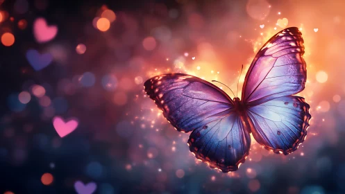 Luminous purple butterfly glows amid romantic bokeh haze.
