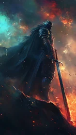 Armored dark knight stands against infernal chromatic sky
