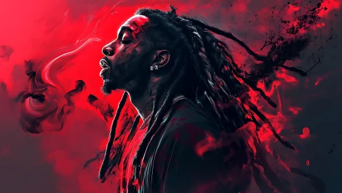 Digital portrait of rapper in red smoke abstraction.