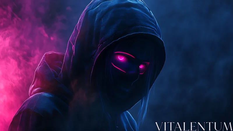 Hooded cyber figure glowing with neon pink mystery.