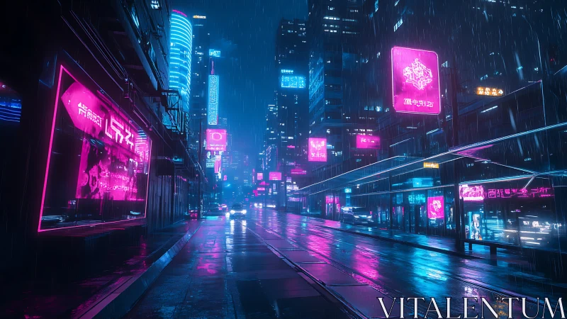 Neon cyberpunk city street glows under heavy night rain