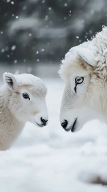 Snow-covered ewe and lamb in intimate frontal winter portrait