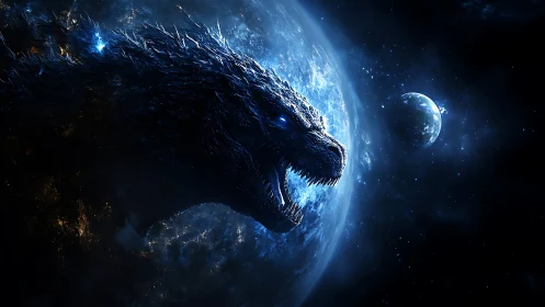 Colossal cosmic kaiju silhouette against luminous blue Earth.