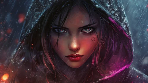 Hooded digital portrait centers illuminated female face in rain