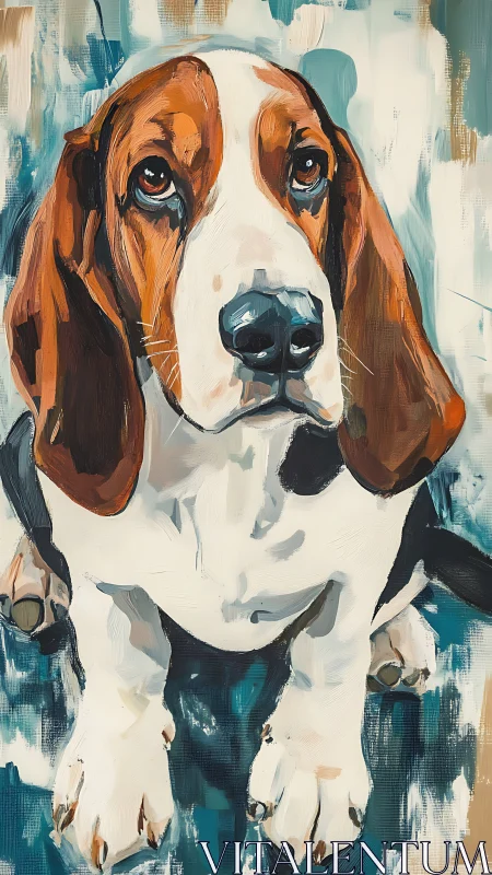 Melancholic basset hound gazes upward in bold brushstrokes