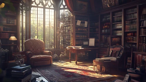 Sunlit traditional library interior with leather seating.