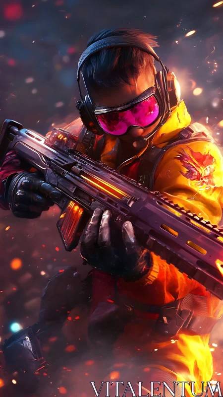 Futuristic rifleman in heated combat rendered with dynamic bokeh lighting