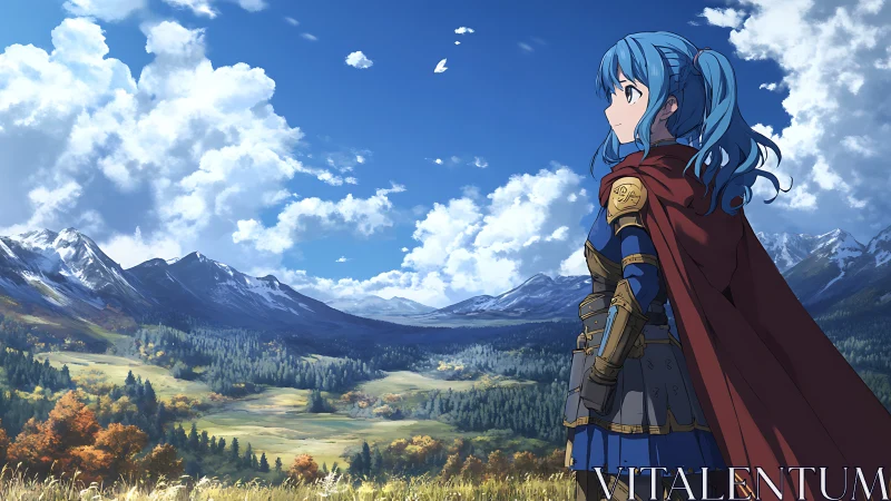 Skyward oath of the blue-haired knight over wild valleys.