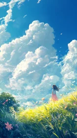 Sunlit hillside welcomes a dreaming girl under vast bright skies