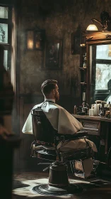Gentleman waits in vintage barbershop chair for haircut.