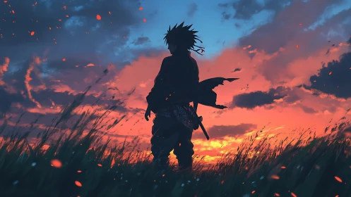 Sword-bearing wanderer breathes dusk fire into gathering night