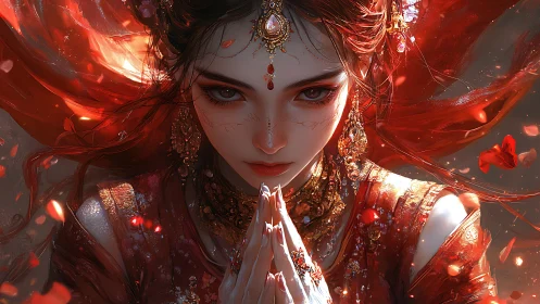 Fire-veiled priestess in crimson prayer beneath falling embers.