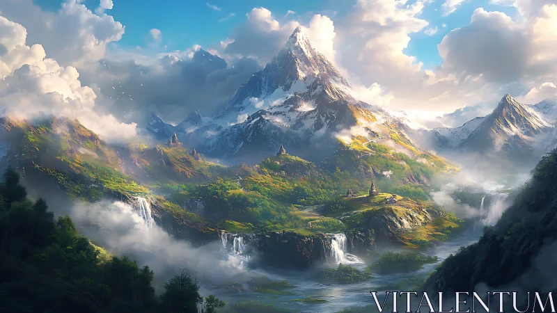 Sunlit fantasy mountainscape with cascading crystal falls.