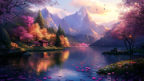 Serene mountain lake with cherry blossoms and cottage.