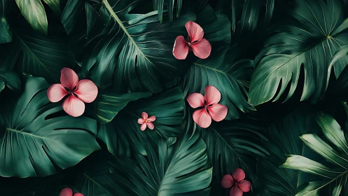 Lush tropical leaves cradle soft pink blossoms in shadowed calm.