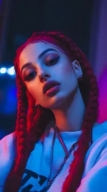 Neon-lit portrait highlights braided hair and glossy lips.