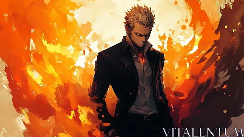 Stoic suited antihero stands amid swirling inferno light