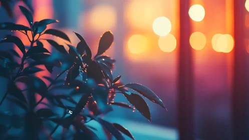 Neon dusk kisses raindropped leaves in dreamy bokeh glow.
