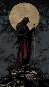 Moonlit wraith-knight lingers over shattered, whispering stones