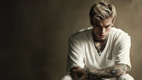 Tattooed blond subject under moody directional portrait lighting.