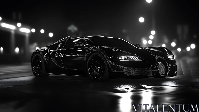 Black sports coupe on wet city street at night.