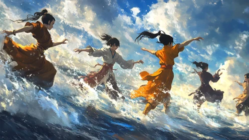 Figures traverse shallow ocean waves under dynamic clouded sky