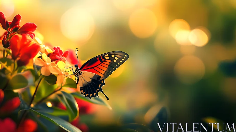 Butterfly pauses on glowing blossoms in golden evening light